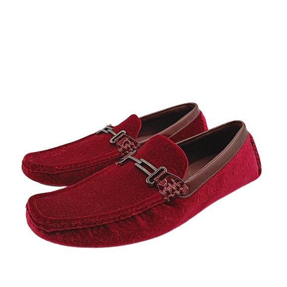 Amali Driving Loafers Mens 11 Burgundy Plush Velvet Horsebit Chain Moccasins - Picture 1 of 5